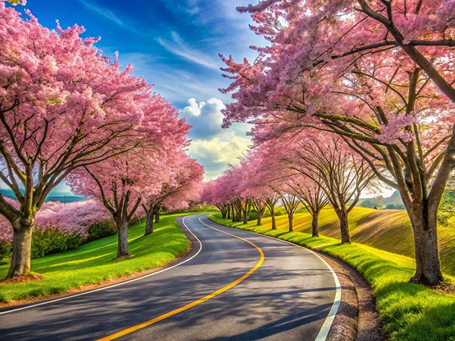 A winding road lined with vibrant pink cherry blossom trees under a bright blue sky, creating a picturesque spring landscape.
