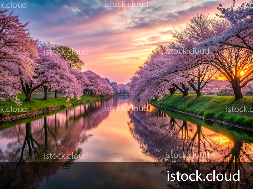 A tranquil river reflecting cherry blossom trees in full bloom, with a colorful sunset illuminating the sky in shades of pink and orange.