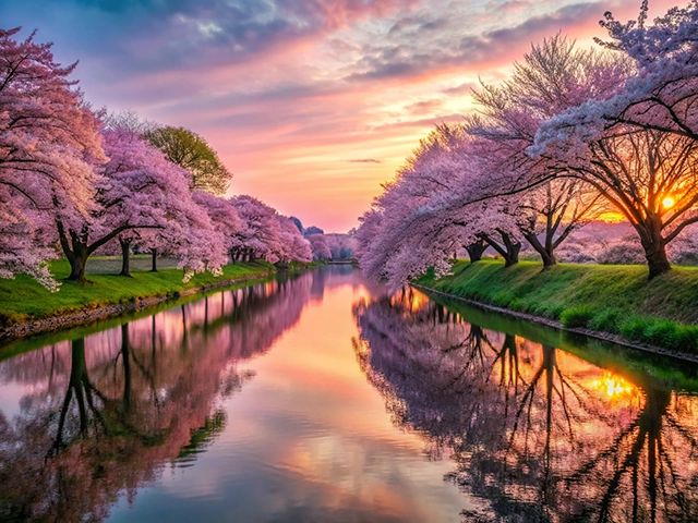 A tranquil river reflecting cherry blossom trees in full bloom, with a colorful sunset illuminating the sky in shades of pink and orange.