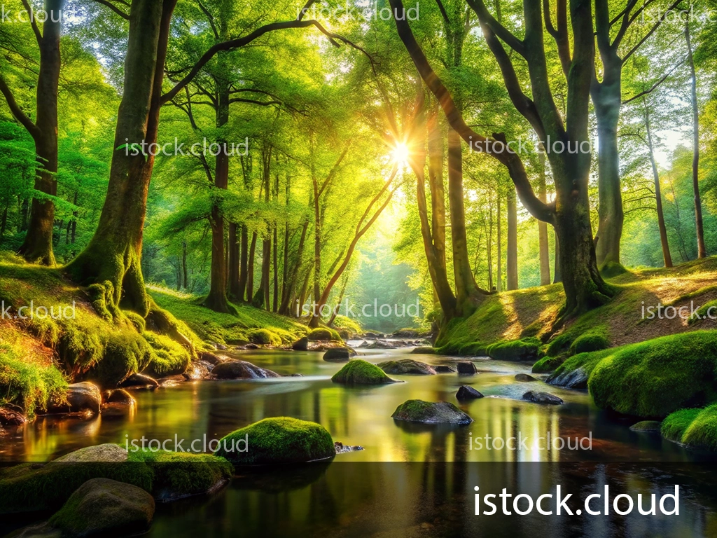 A tranquil forest scene featuring a gently flowing stream surrounded by tall trees, lush with green foliage. Sunlight filters through the leaves, illuminating the moss-covered rocks along the stream banks, creating a peaceful and serene atmosphere.
