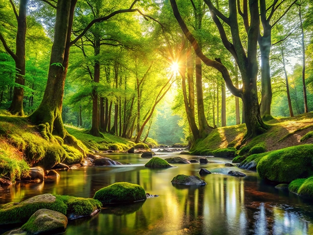 A tranquil forest scene featuring a gently flowing stream surrounded by tall trees, lush with green foliage. Sunlight filters through the leaves, illuminating the moss-covered rocks along the stream banks, creating a peaceful and serene atmosphere.