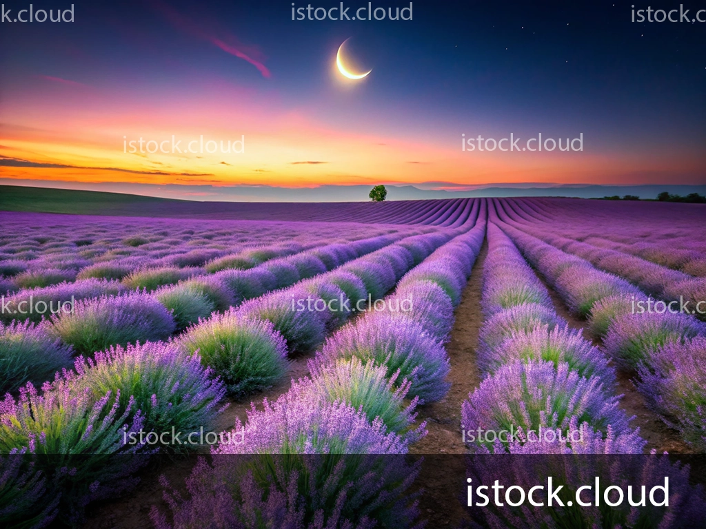A picturesque lavender field stretches across the landscape, bathed in hues of purple and pink during sunset, with a crescent moon shining in the twilight sky.
