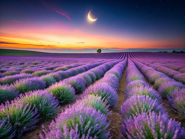 A picturesque lavender field stretches across the landscape, bathed in hues of purple and pink during sunset, with a crescent moon shining in the twilight sky.