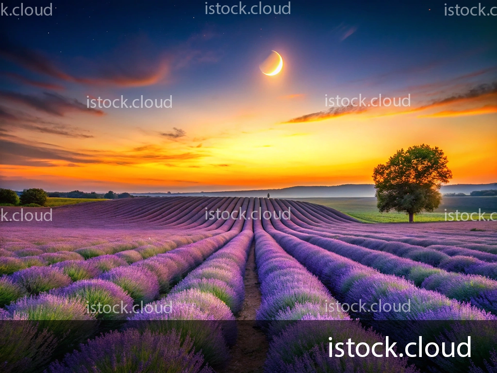 A picturesque landscape featuring rows of blooming lavender under a twilight sky, with a crescent moon and vibrant sunset colors in the background.