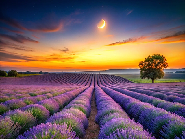 A picturesque landscape featuring rows of blooming lavender under a twilight sky, with a crescent moon and vibrant sunset colors in the background.