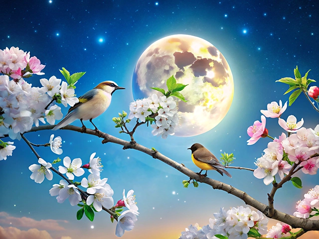 An enchanting scene featuring two colorful birds perched on a branch adorned with blooming cherry blossoms under a bright full moon. The background is a deep blue sky sprinkled with stars, creating a peaceful and magical atmosphere.