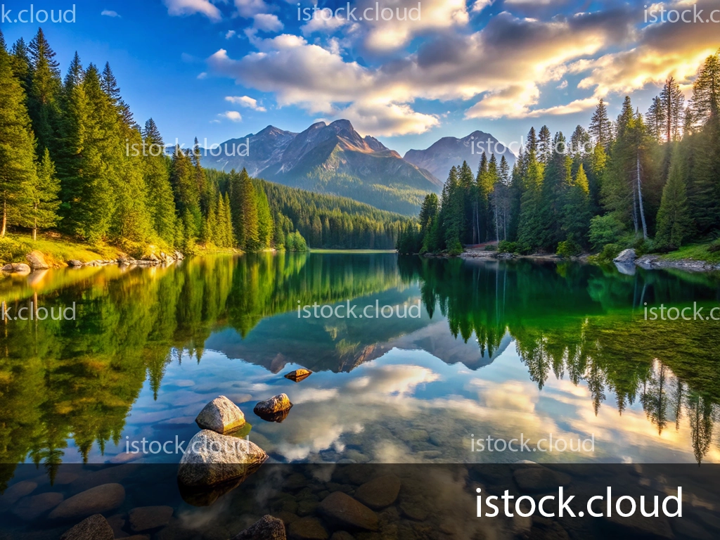 A serene landscape featuring a calm lake surrounded by lush evergreen trees and mountains in the background. The still water reflects the trees and a vibrant sky filled with fluffy clouds, creating a picturesque and tranquil scene. Large rocks are partially submerged in the foreground.