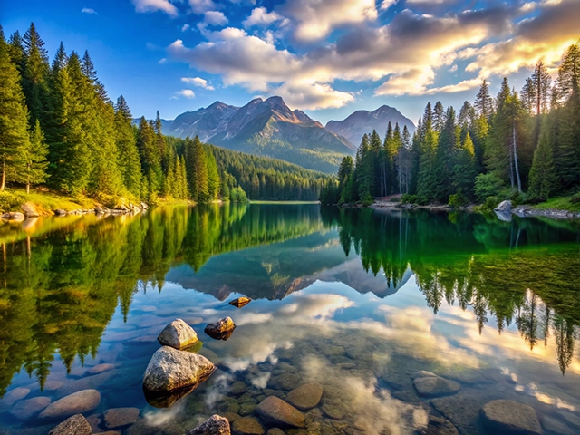 A serene landscape featuring a calm lake surrounded by lush evergreen trees and mountains in the background. The still water reflects the trees and a vibrant sky filled with fluffy clouds, creating a picturesque and tranquil scene. Large rocks are partially submerged in the foreground.