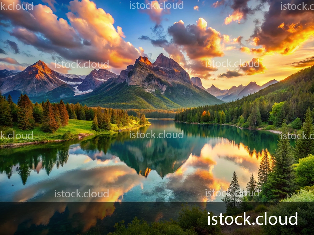 A stunning landscape depicting a tranquil lake surrounded by tall pine trees, majestic mountains, and colorful clouds at sunset, reflecting beautifully on the water’s surface.