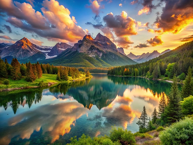 A stunning landscape depicting a tranquil lake surrounded by tall pine trees, majestic mountains, and colorful clouds at sunset, reflecting beautifully on the water’s surface.