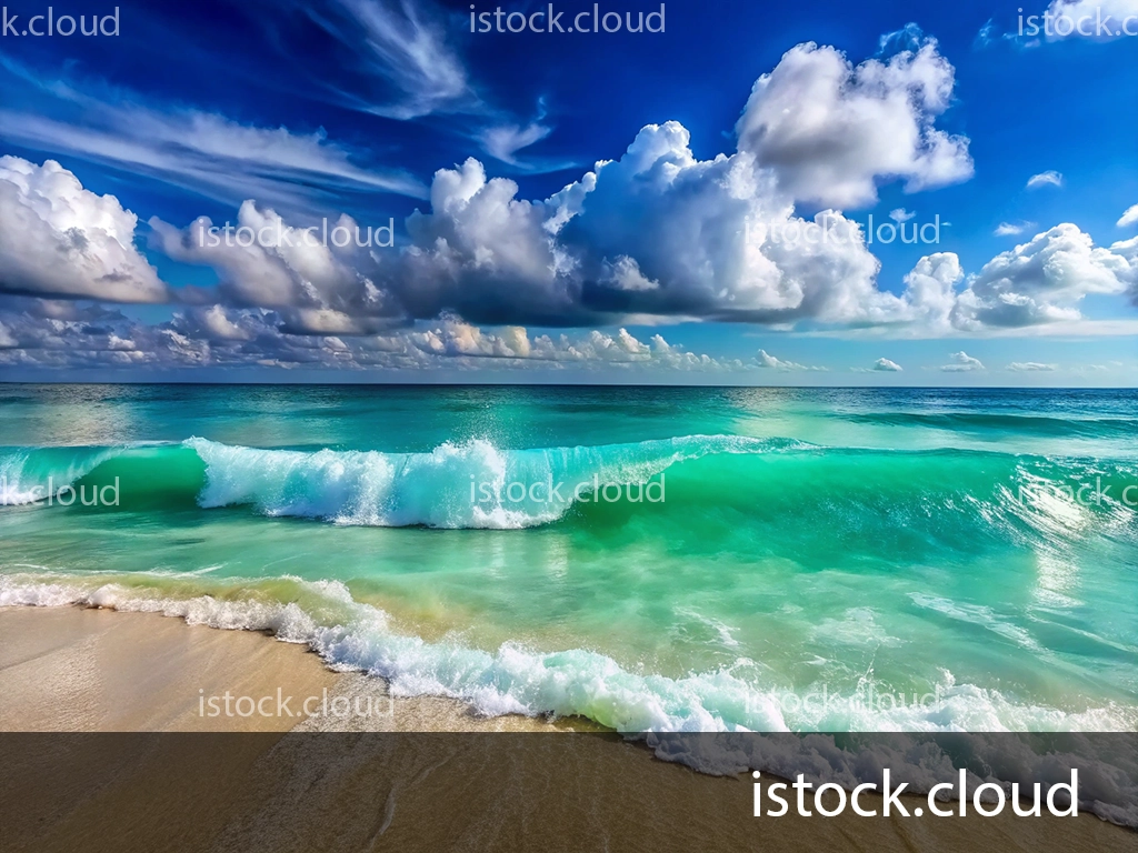 Gentle ocean waves lapping onto a sandy beach under a vibrant blue sky filled with fluffy white clouds.