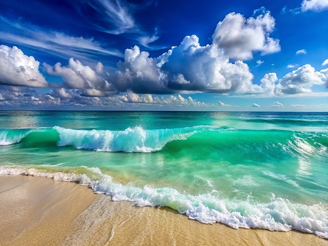 Gentle ocean waves lapping onto a sandy beach under a vibrant blue sky filled with fluffy white clouds.