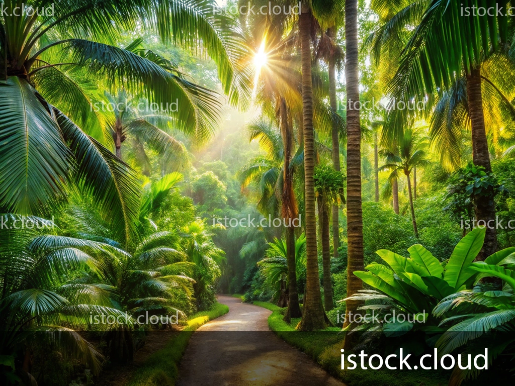 A tranquil dirt path meanders through a dense tropical forest filled with vibrant green palm trees and foliage, illuminated by shafts of sunlight filtering through the canopy.