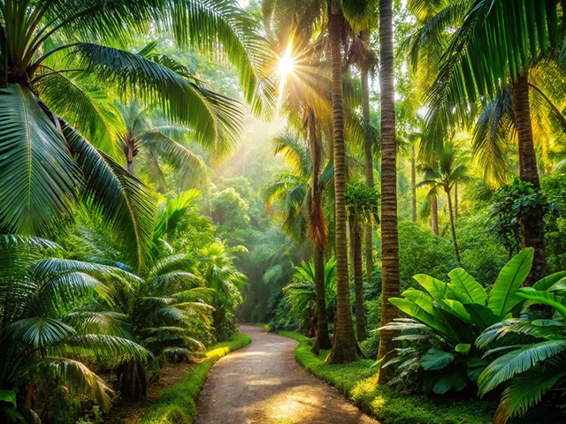 A tranquil dirt path meanders through a dense tropical forest filled with vibrant green palm trees and foliage, illuminated by shafts of sunlight filtering through the canopy.