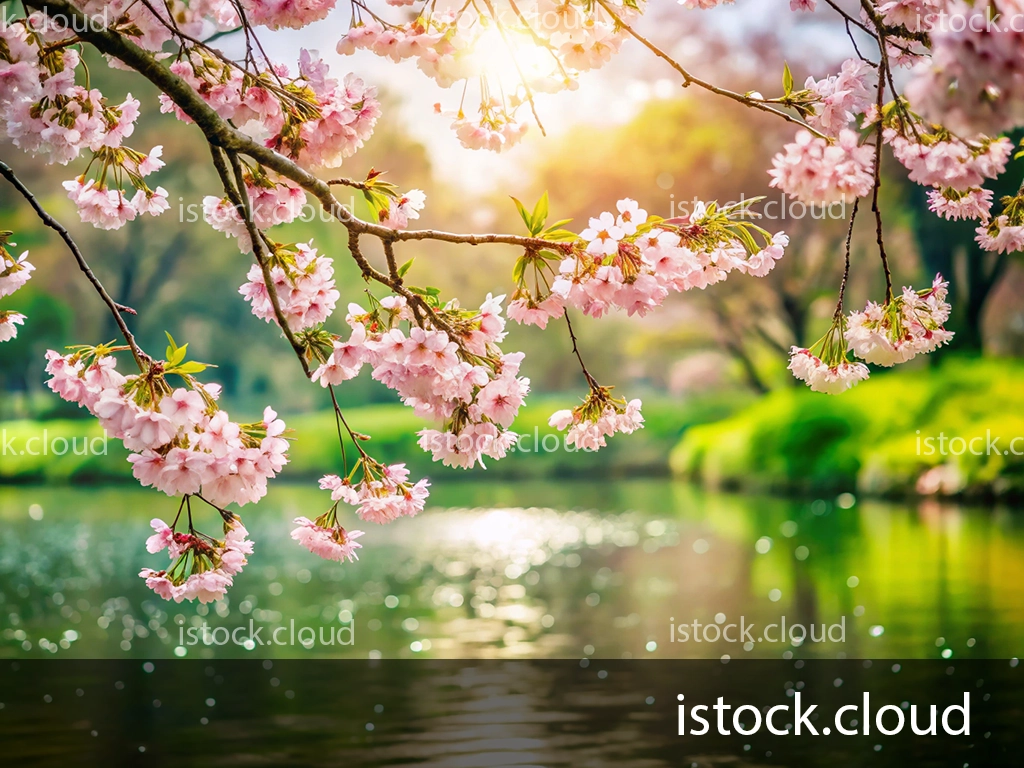 A close-up view of pink cherry blossoms hanging above a tranquil lake, illuminated by soft sunlight. The water reflects the colors of the blossoms and the surrounding greenery, creating a peaceful and beautiful natural scene.