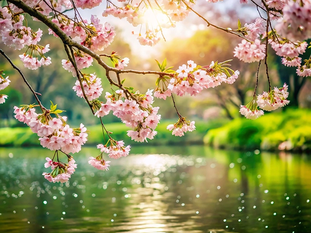 A close-up view of pink cherry blossoms hanging above a tranquil lake, illuminated by soft sunlight. The water reflects the colors of the blossoms and the surrounding greenery, creating a peaceful and beautiful natural scene.