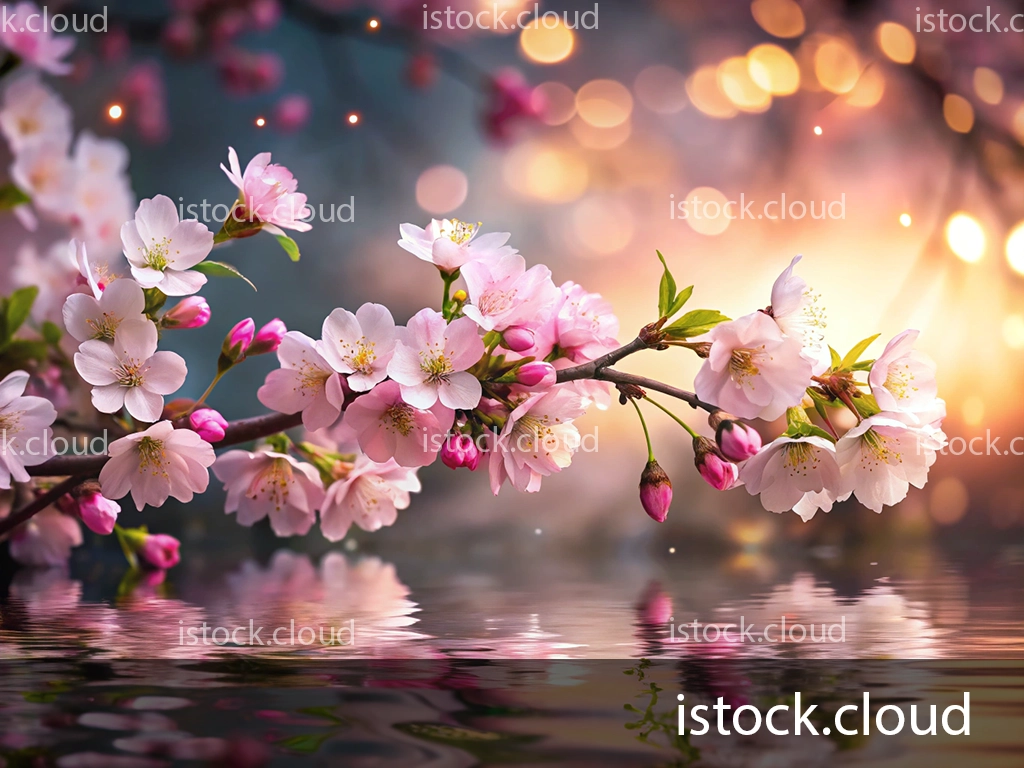 A delicate branch of cherry blossoms with pink flowers and buds is gracefully reflected in a calm body of water, set against a dreamy background filled with soft bokeh lights.