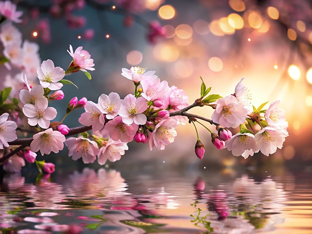 A delicate branch of cherry blossoms with pink flowers and buds is gracefully reflected in a calm body of water, set against a dreamy background filled with soft bokeh lights.