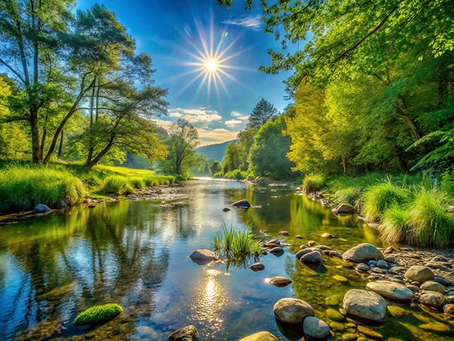 A tranquil river scene surrounded by lush greenery, tall trees, and rocks. The sun shines brightly above, reflecting off the calm water.