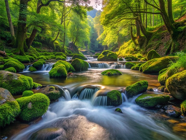 A tranquil river flowing through a green forest, with smooth rocks covered in vibrant moss and gentle waterfalls.