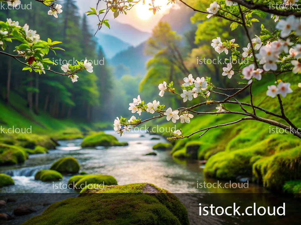 A tranquil landscape featuring flowering branches over a gently flowing stream surrounded by lush green moss and trees, with sunlight filtering through the mountains in the background.