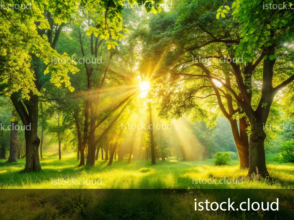 A tranquil forest scene with vibrant green trees and golden sunlight filtering through the leaves, creating a warm glow and casting rays of light onto a grassy ground.