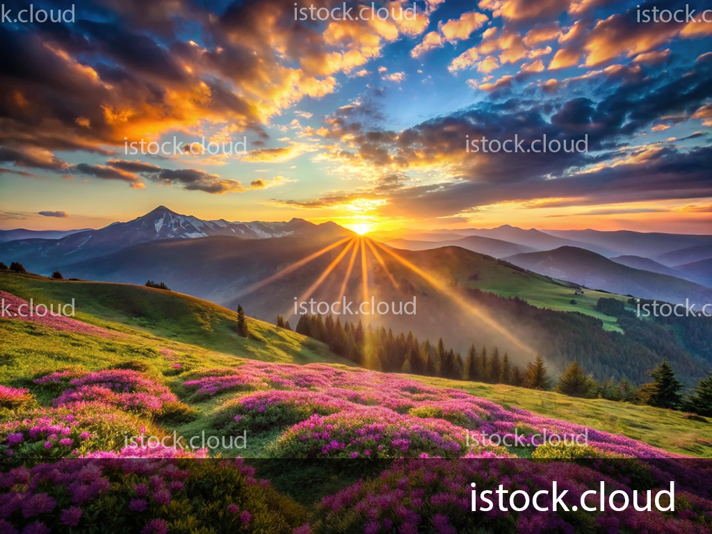A breathtaking view of a sunrise in the mountains, featuring vibrant pink flowers in the foreground, lush green hills, and distant peaks beneath a colorful sky filled with clouds.