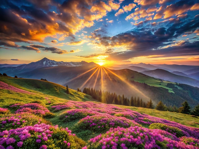 A breathtaking view of a sunrise in the mountains, featuring vibrant pink flowers in the foreground, lush green hills, and distant peaks beneath a colorful sky filled with clouds.