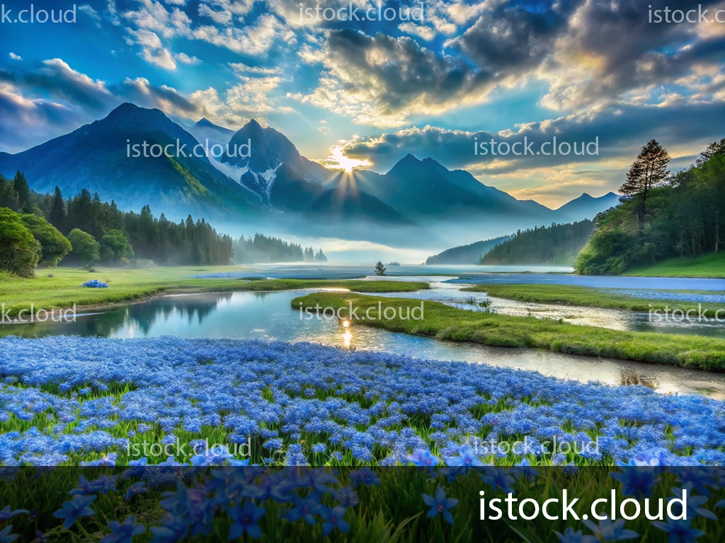 A tranquil landscape featuring a foreground of blue flowers, a winding river, and majestic mountains under a colorful sky during sunrise.