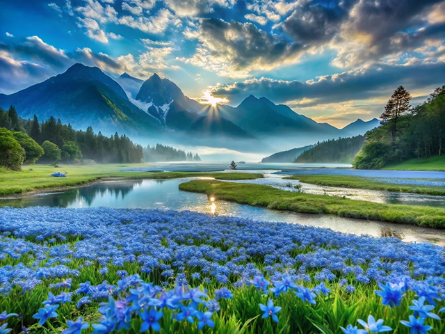 A tranquil landscape featuring a foreground of blue flowers, a winding river, and majestic mountains under a colorful sky during sunrise.
