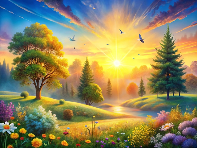 A vibrant landscape at sunrise, featuring lush green hills dotted with a variety of colorful flowers in the foreground. Majestic trees, including a large green tree on the left and tall evergreens on the right, rise against a bright sky filled with soft clouds and birds in flight. The sun rises on the horizon, casting warm golden light over the scene, reflecting off a peaceful river.