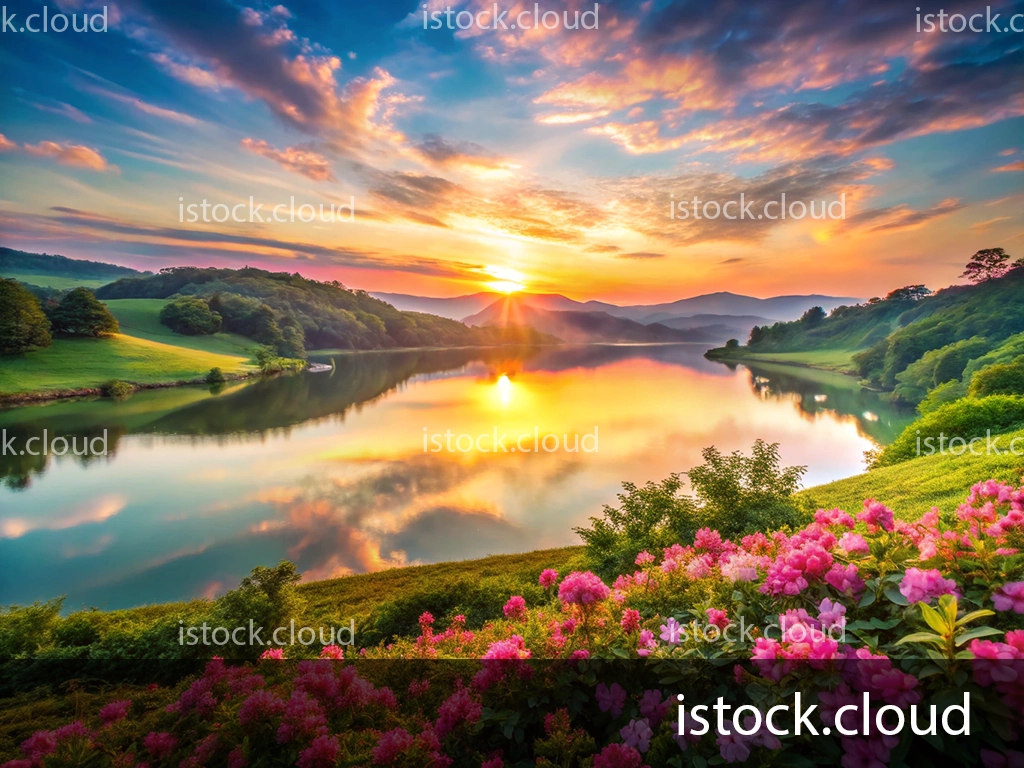 A picturesque view of a lake surrounded by lush greenery and blooming pink flowers. The sky is ablaze with vibrant colors as the sun sets behind distant mountains, reflecting beautifully on the water's surface.