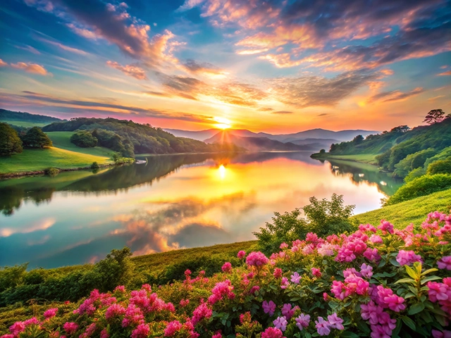 A picturesque view of a lake surrounded by lush greenery and blooming pink flowers. The sky is ablaze with vibrant colors as the sun sets behind distant mountains, reflecting beautifully on the water's surface.