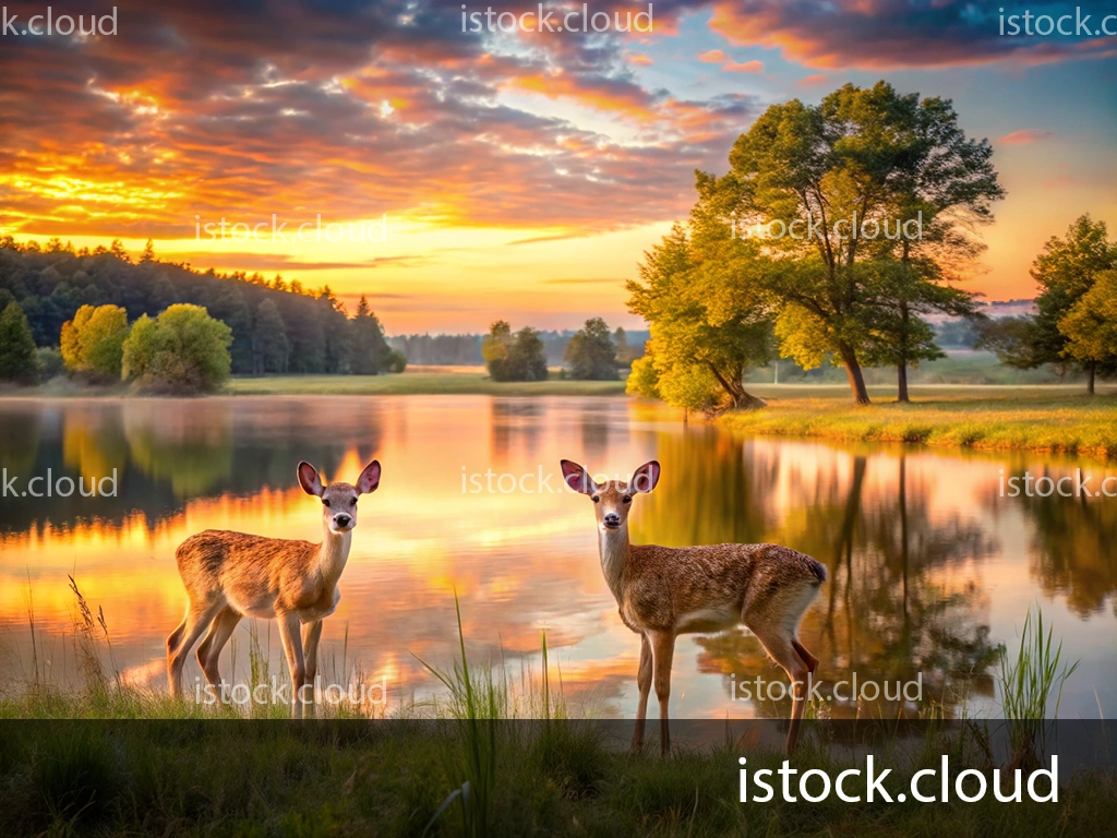Two deer standing by a tranquil lake at sunset, with a vibrant sky and lush trees reflecting in the water.