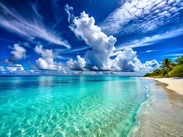 A tranquil tropical beach with crystal-clear turquoise waters gently lapping against a sandy shore, under a vibrant blue sky filled with fluffy white clouds and wispy cloud patterns.