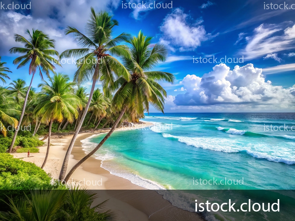 A picturesque beach scene featuring tall palm trees swaying in the breeze, turquoise waters lapping against the shore, and fluffy clouds scattered across a blue sky.