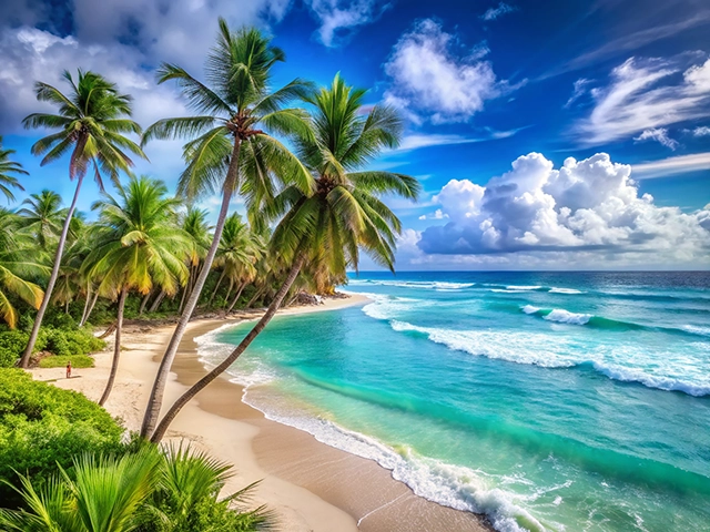 A picturesque beach scene featuring tall palm trees swaying in the breeze, turquoise waters lapping against the shore, and fluffy clouds scattered across a blue sky.