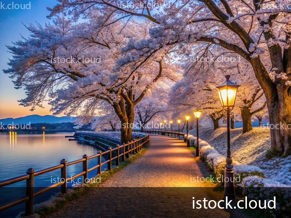 A peaceful walkway lined with cherry blossom trees in full bloom, illuminated by warm street lamps at dawn. The path curves alongside a calm body of water, with distant mountains visible under a soft blue sky.