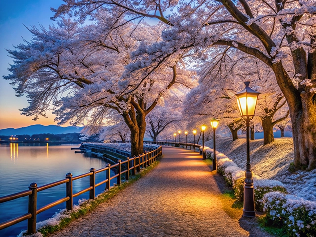 A peaceful walkway lined with cherry blossom trees in full bloom, illuminated by warm street lamps at dawn. The path curves alongside a calm body of water, with distant mountains visible under a soft blue sky.