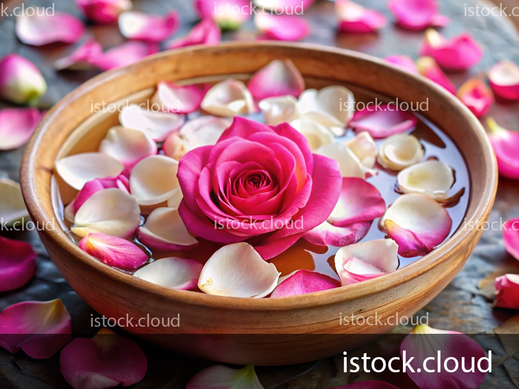 A wooden bowl filled with water featuring a pink rose at the center, surrounded by white and pink rose petals. Additional petals lay scattered around the bowl on a textured surface.