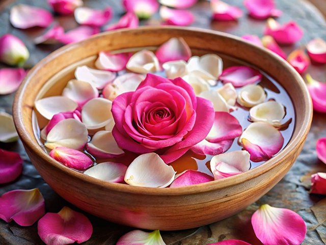 A wooden bowl filled with water featuring a pink rose at the center, surrounded by white and pink rose petals. Additional petals lay scattered around the bowl on a textured surface.