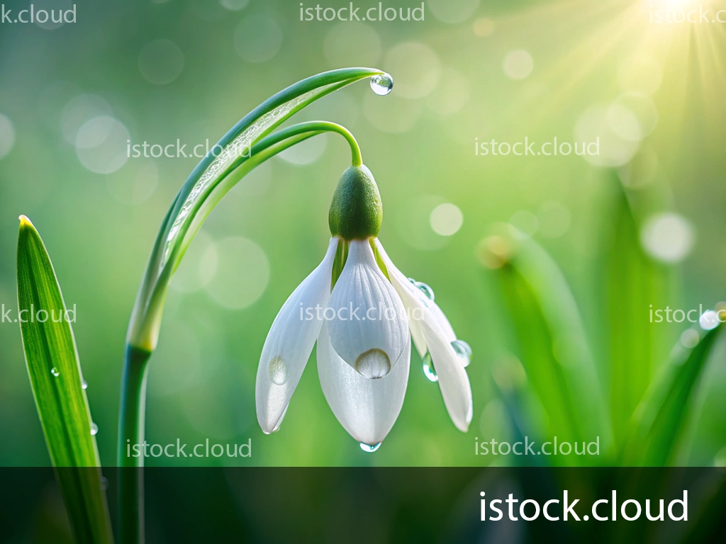A close-up of a snowdrop flower with dew droplets on its petals, surrounded by lush green foliage, illuminated by soft sunlight.