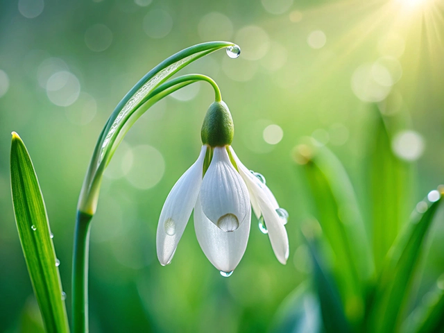 A close-up of a snowdrop flower with dew droplets on its petals, surrounded by lush green foliage, illuminated by soft sunlight.