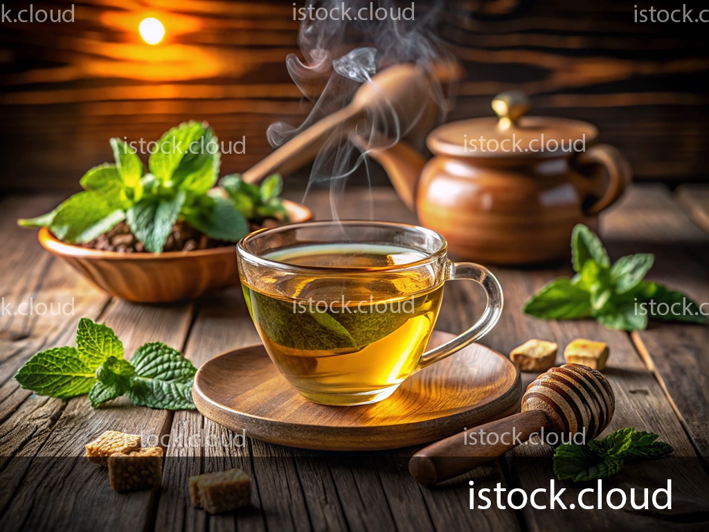 A steaming cup of herbal tea sits on a wooden saucer, surrounded by fresh mint leaves and sugar cubes. A brown teapot is in the background, with soft lighting creating a warm atmosphere.