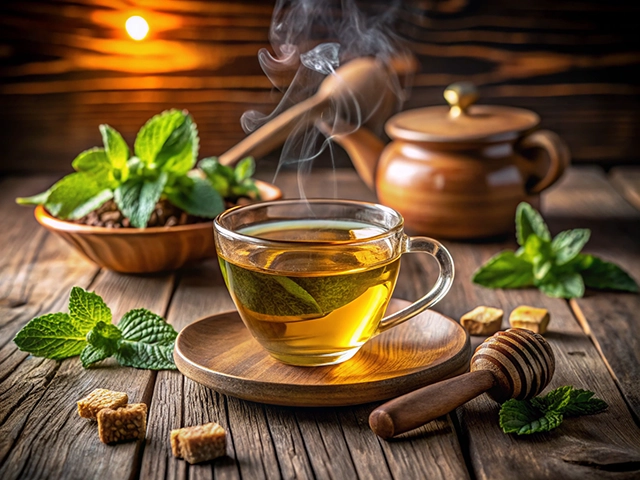 A steaming cup of herbal tea sits on a wooden saucer, surrounded by fresh mint leaves and sugar cubes. A brown teapot is in the background, with soft lighting creating a warm atmosphere.
