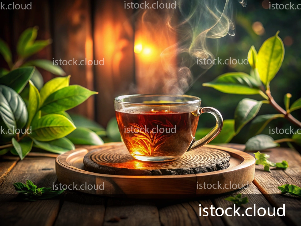 A steaming cup of tea sits on a wooden coaster surrounded by green leaves, with warm light illuminating the scene.
