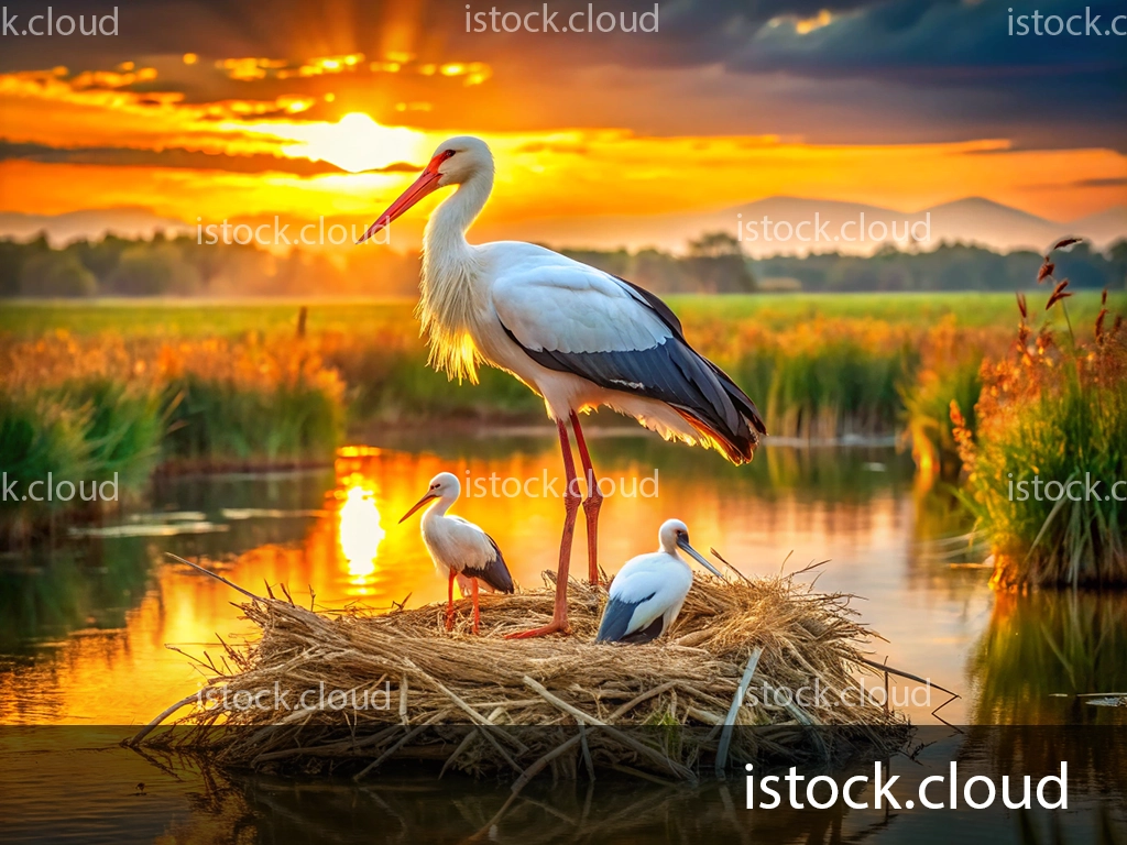 A majestic adult stork stands on a nest surrounded by two young storks, with a vibrant sunset reflecting off the water and lush greenery in the background.