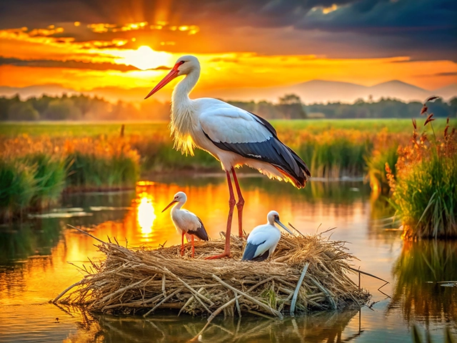 A majestic adult stork stands on a nest surrounded by two young storks, with a vibrant sunset reflecting off the water and lush greenery in the background.