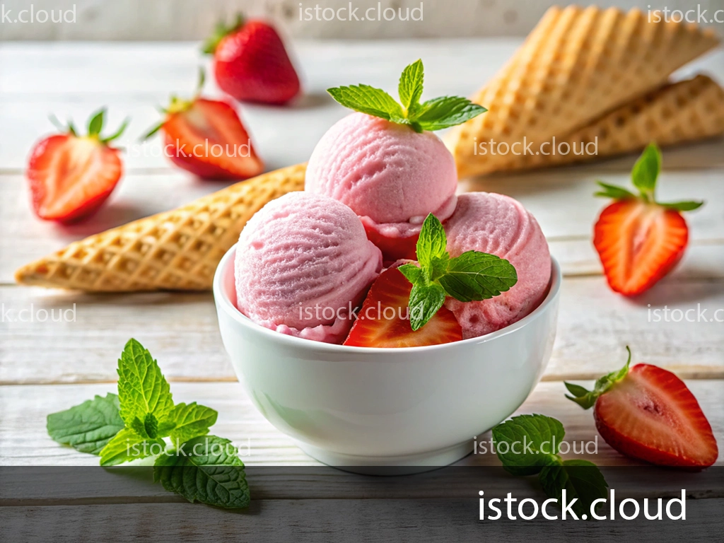 A white bowl filled with three scoops of pink strawberry ice cream, garnished with fresh mint leaves. Nearby, there are sliced strawberries and two empty waffle cones on a rustic wooden table.