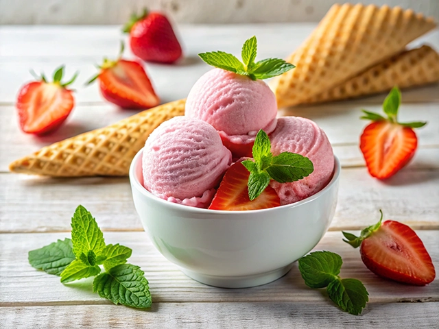 A white bowl filled with three scoops of pink strawberry ice cream, garnished with fresh mint leaves. Nearby, there are sliced strawberries and two empty waffle cones on a rustic wooden table.